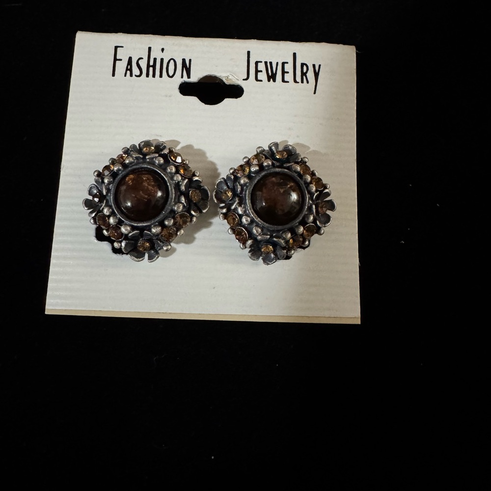 Elegant Silver and Brown Floral Clip Earrings